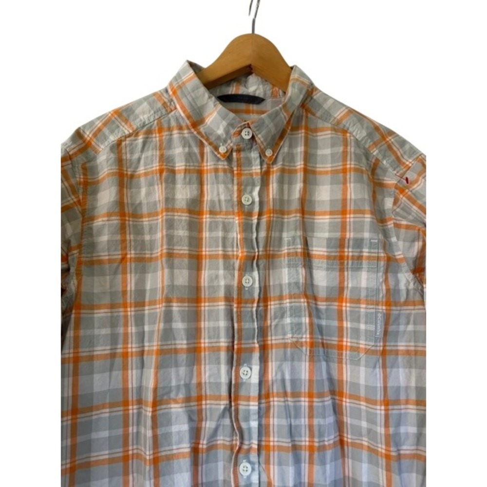 Columbia Mens Orange Grey Plaid Long Sleeve Button Down Shirt Size M Cotton